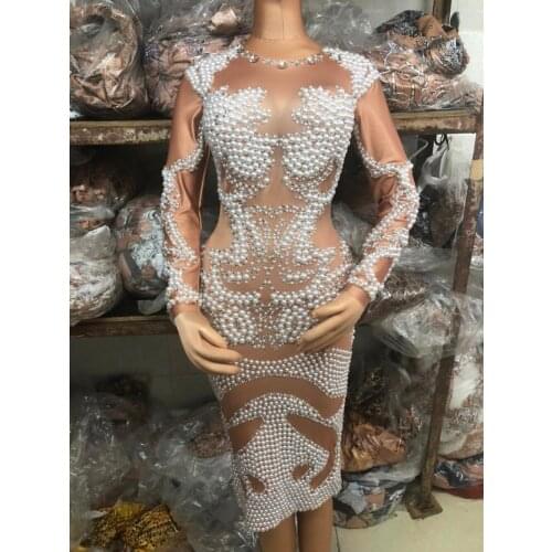 New Fashion Pearls Rhinestones Dress Lady Evening Party Wear Long Sleeves Prom Luxurious Dress Singer Birthday Celebrate Dresses