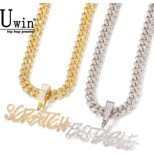 Uwin Name Necklace Brsuh Letters Cutsom Pendant With 12mm Iced Out Cuban Chain Big Clasp DIY Personalised Hip Hop Jewelry Gift