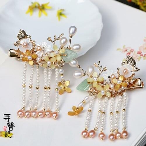 Pair vintage handmade Court lady pearl Golden osmanthus Hair clip sticks bun accessories up do for kimono hanfu XZ