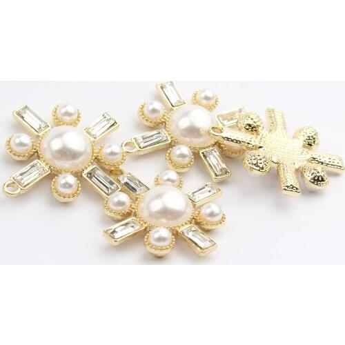 Zinc Alloy 30mm Inlaid Pearl Flower Charms for Jewelry Making Bulk Items Wholesale 6pcs/lots Nickel Free