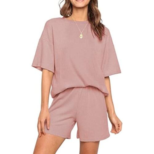 Casual Tracksuit Women Two Piece Set 2021 Summer O-Neck T-Shirt Shorts Suits Solid Color Screw Thread Leisure Outfits Home Style