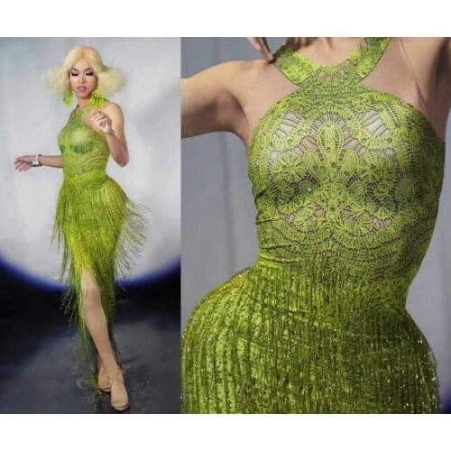 Sexy green teapot tassel dress Nightclub bar female singer DJ guest gogo costume
