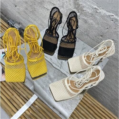 Mesh Square Head Cross Strap Stiletto High Heel Sandals Women 2021 Summer Hollow Breathable Banquet Dress Shoes Womens Sandals