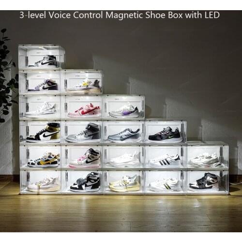 LED Lightening Shoe Box Clear Smart Sound Control Sneakers AJ Display Case High Tops Shoebox Luminous LED Football Shoes Cabinet