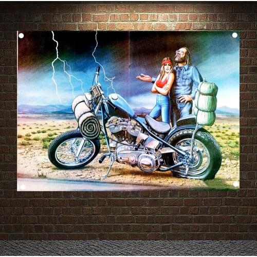 Motorcycle Rider Couples Retro Loft Cloth Art Flag Banner Wall Hanging Tapestry Bedroom Dormitory Home Decor Canvas Painting