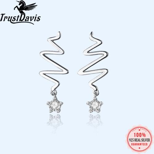 TrustDavis Genuine 925 Sterling Silver Fashion Sweet Waves CZ Charm Stud Earrings For Women Valentines Day Fine Jewelry DB022