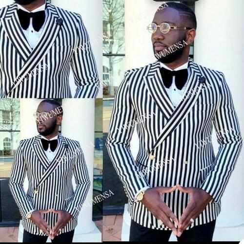 YIWUMENSA White And Black Striped Wedding Groom Wear Prom Party Men Suits Custom Made 2 Pcs Double Breasted Jacket With Pants