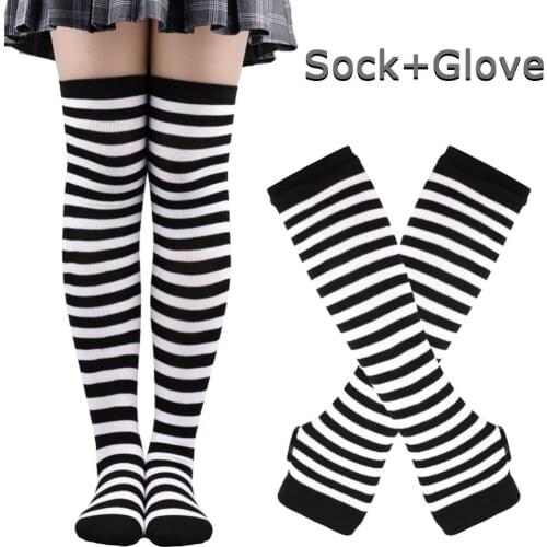 Womens Over Knee Thigh High Socks Arm Warmer Fingerless Gloves Set Fancy Dress Cosplay Masquerade Party Halloween Costume Socks