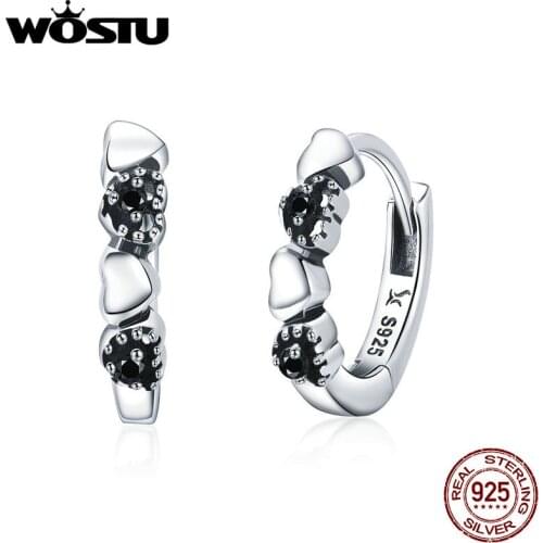 WOSTU Real 925 Sterling Silver Forever Love Heart, Black CZ Stud Earrings For Women Silver Earring Jewelry Lover Gift CQE445