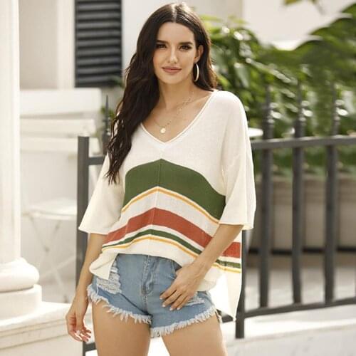 Womens sweaters 2020 Autumn V Neck Half Sleeve Color Block Knitted Sweater Loose Pullover Top Women knitting sweater pullover