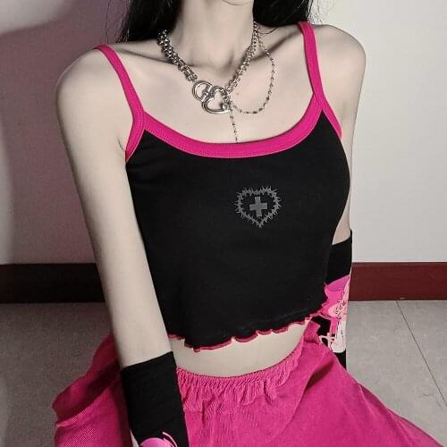 New Gothic Punk Thorn Cross Heart Print Backless Casual Hot Girl Top Streetwear Summer Sexy Women Black Slim Sling Vest