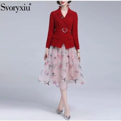 Svoryxiu Runway Designer Autumn Fashion Skirt Suit Womens Red Long Sleeve Jackets + Butterfly Embroidery Mesh Skirt Twinset