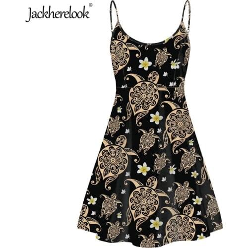 Jackherelook Hawaiian Tribe Polynesian Sea Turtles Print Women Sleeveless Beach Dress Fashion Sexy Short Backless Slip Sundress