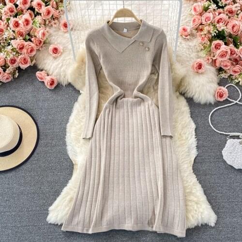 SINGREINY Women Korean Knitted Dress Turndown-Collar Long Sleeve A-line Dresses Autumn Winter Elegant Streetwear Sweater Dress