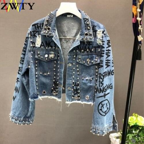ZWTY New Womens Fashion Beading Diamond Graffiti Printed Short Design Denim Jacket Coat Casual Women Cowboy Jeans Coats Outerwe