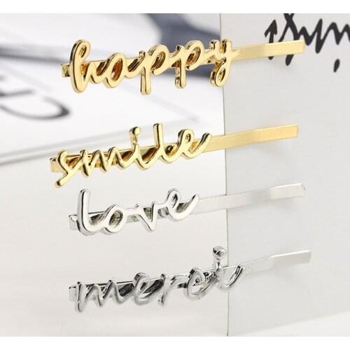 1 PC Letter Hairclips "Smile Happy Merci Love" Golden Silver Hair Clips Metal Hairpins Barrettes for Women Hair Accessories