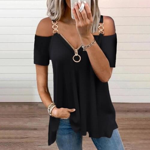 2021 Womens Summer Fashion Chain Cold shoulder Plain Black Short Sleeve Blouse Zip Front Top Casual t-shirt