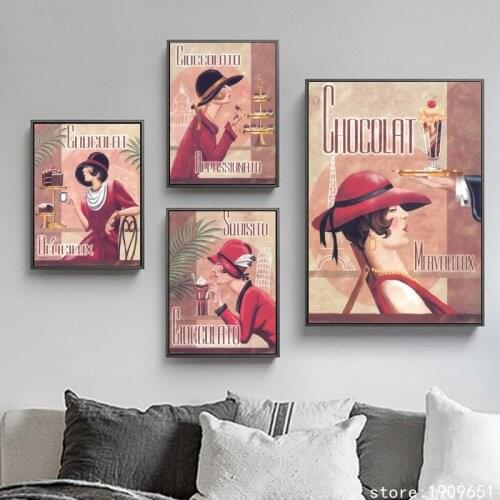 No frame cartoon lady drink chocolate scenery canvas printings oil painting printed on cotton wall art decoration pictures