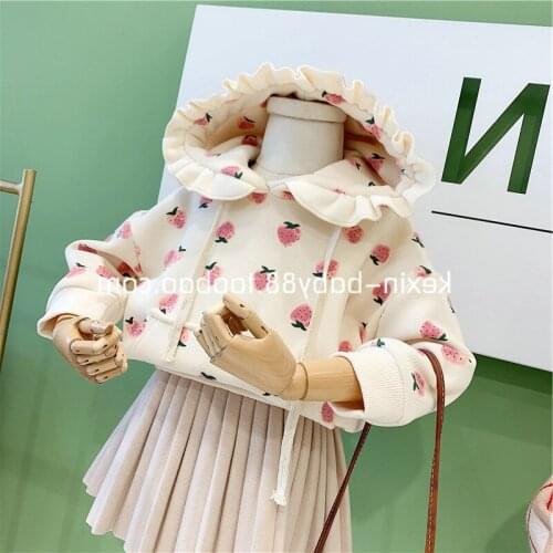 2019 Baby Girl Strawberry Printed Hoodies Jacket Girls Kids Lace Hood Sweatshirts Children Clothes