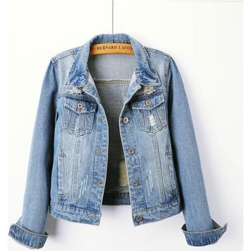 Denim jacket female short section Slim new student long sleeve spring and autumn denim jacket hole large size