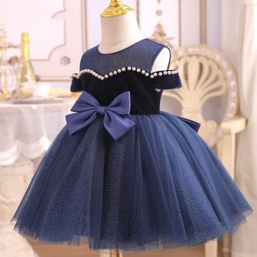 Elegant Sequin Wedding Flower Girl Dresses Off Shoulder Childrens Party Pageant Deep Blue Kid First Communion Evening Baptism