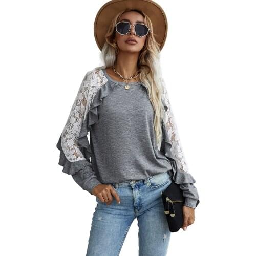 Tumblr Cotton Regular New Arrival Long Sleeve Single Fall 2021 Lace Wood Ears Round Neck Solid Pullover Tees
