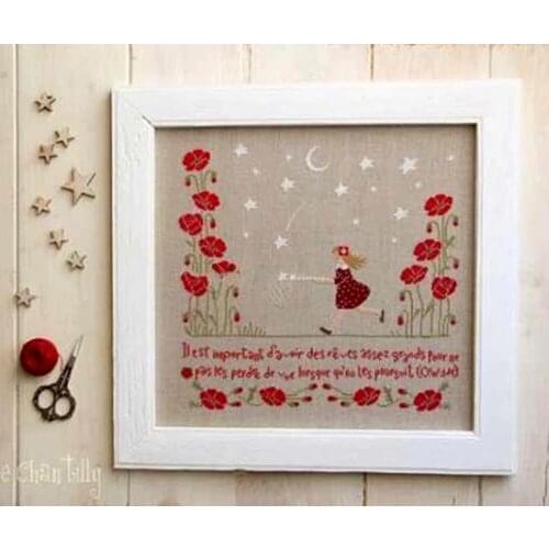 Customized Embroidery Girl in the Poppy Modern Cross Stitch Patterns pdf with 100% Cotton Floss & Free Shipping for Home Decor