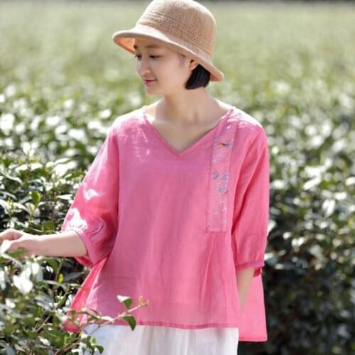 Johnature Summer Retro Fashion Patchwork V-neck Half Sleeve 2 Color All-match Shirt 2021 New Loose Comfortable Women Tops Shirts