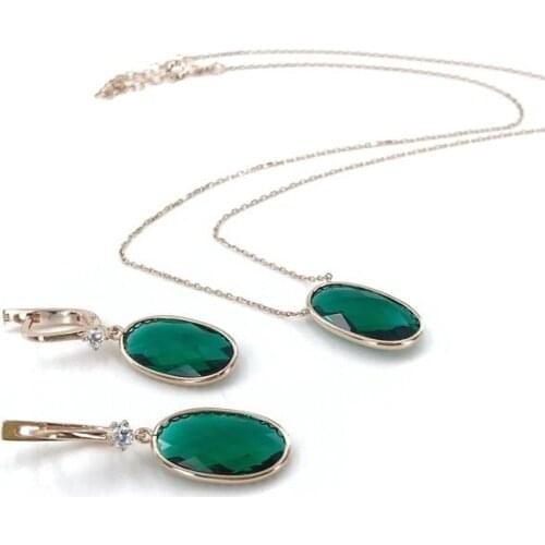 Emerald Green Oval Quartz Stone Silver Necklace Earrings Set Suit