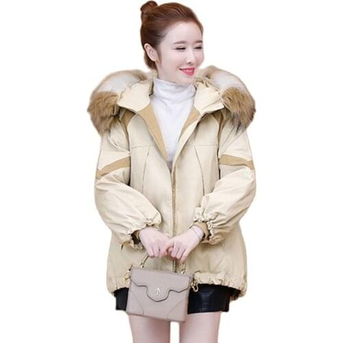Hooded Jacket 2021 Women Winter Cotton Fur Collar Black Coat Thick Warm Puffy Short Parkas Loose Womens Clothing Top