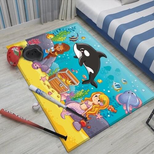 Fashion Ocean Shark and Mermaid Pattern Non-Slip Children Flannel Carpet Baby Hand Print Carpet Baby Play Mat Children Carpet