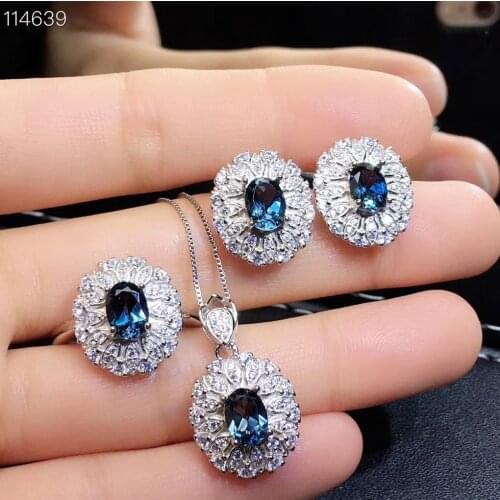 Natural blue topaz ring Pendant Earrings Natural Gemstone Jewelry Set S925 Silver fashion round Flower Women party gift jewelry