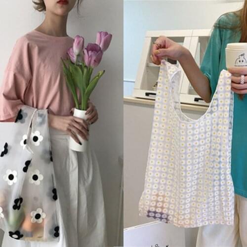 New Women Embroidered Floral Handbag Translucent Organza Mesh Tote Shoulder Bags Daisy Casual Large Shopping Eco Bag For Female