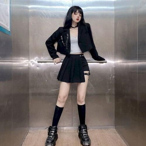 2021 Autumn New 2 Piece Sets Womens Outfits Female Dark Suit Retro Black Small Suit Blazer Jacket Pleated Skirt Japanese Fashion