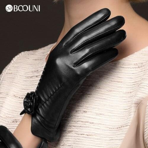 BOOUNI Genuine Leather Gloves Fashion Women Sheepskin Glove Wrist Rose Black Leather Driving Gloves Hot Trend NW469
