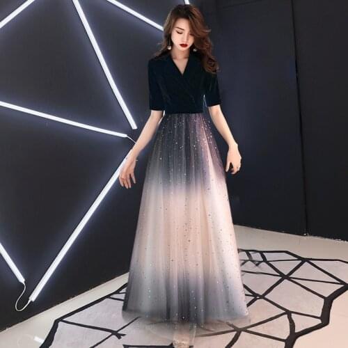 Half Sleeves Floor-Length V-Neck Elegant Evening Dresses A-Line Black Zipper-up Draped Spring Summer Party Wear Gown for Women
