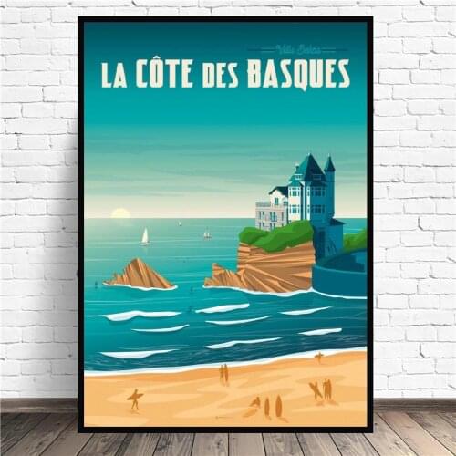 Biarritz Travel Canvas Painting Beach Surf Wall Art Pictures Cartoon Prints Home Decor Wall Poster Decoration for Living Room