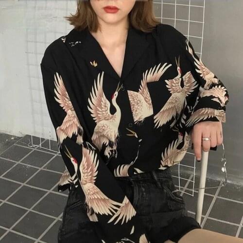 Harajuku Shirt Women Animal Print Blouses Button Up Long Sleeve Oversized Streetwear Chinese Style Black Tops Punk Hip Pop