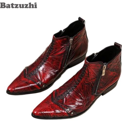 Batzuzhi Italy Type Boots Men Fashion Dress Leather Boots AnkleMen Zip Pointed Toe Red Party and Wedding Botas Hombre, EU38-46