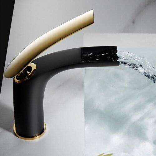 Solid Brass Basin Faucet Hot & Cold Bathroom Sink Mixer Crane Tap Single Handle Deck Mounted Waterfall Faucets Black Gold