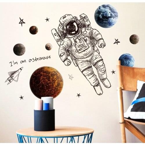 Modern Art planet astronaut in space wall stickers childrens room boy bedroom wall decoration self-adhesive wallpaper decals