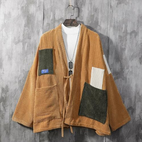 Corduroy Men Retro Kimono Coat Patchwork Jacket Loose Pocket Outwear Haori