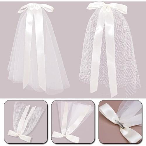 Simple White Satin Bow Hairpin Ribbon Chiffon Tassel Veil Women Hair Clips Bridal Veils Bridesmaid Wedding Dress Accessories