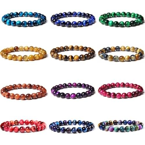 Tiger Eye Bracelets Colorful Blue Yellow Round 8MM Beads Natural Stone Bracelets For Women Men Elasticity Rope Bangles Jewelry