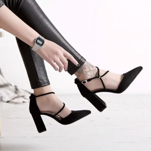 2018 office women high heel pumps Solid fashion sexy party shoes flock thin heel slip on wedding heels brand high quality 8.2cm