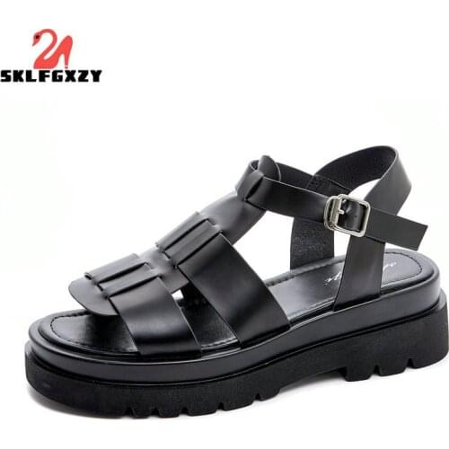 SKLFGXZY Women Real Leather Sandals Designer Metal Buckles Shoes Women Flat Heels Solid Color Casual Lady Footwear Size 34-40