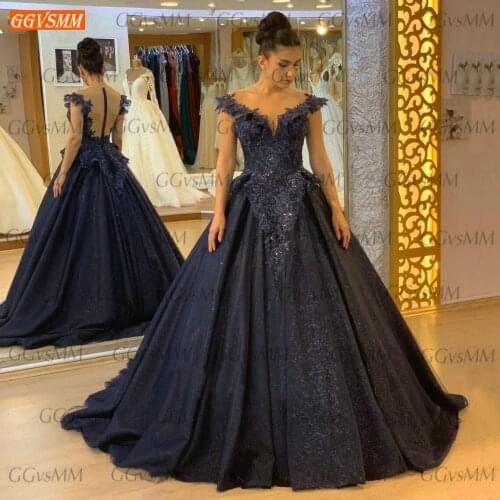 Sexy Dark Navy Evening Gowns Lace Appliqued Beaded Ball Gown Women Dresses Party Custom Made 2020 Vestidos De Fiesta De Noche