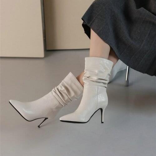 Winter blue black boots pointed toe pleated slip-on loose stilettos booties womens winter pleated mid-calf high heels boots