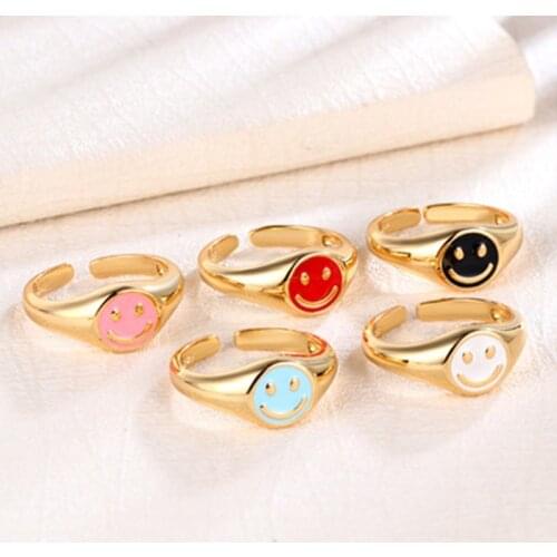 Vintage Colorful Enamel Smiley Ring Cute Simple Metal Gold Silver Color Rings For Women Punk Rock Fashion Jewelry Free Shipping