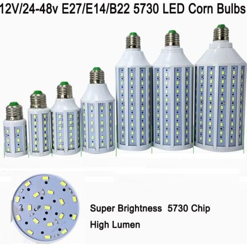 10pcs/lot 12V 24V 36V 48v 60v 7w 10w 15w 18w 25w E27 E14 B22 led corn bulb smd 5730 LED corn light warm/cool white free shipping